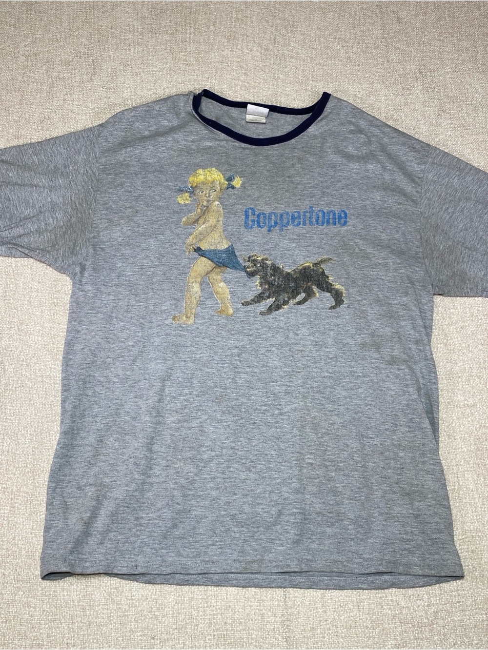 VTG Hanes Beefy-T Coppertone Shirt Mens L Gray Ringer Graphic Tee Y2K Beach